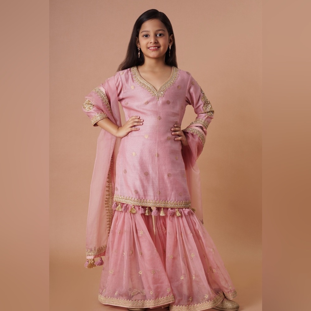 Pink Chanderi Handloom 50% Silk Embroidery Dori Kurta Sharara Set